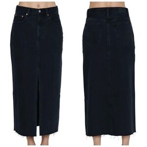 Pistola Alice Black Denim Midi Skirt 27" Front Slit Raw Hem Goth Emo Underground